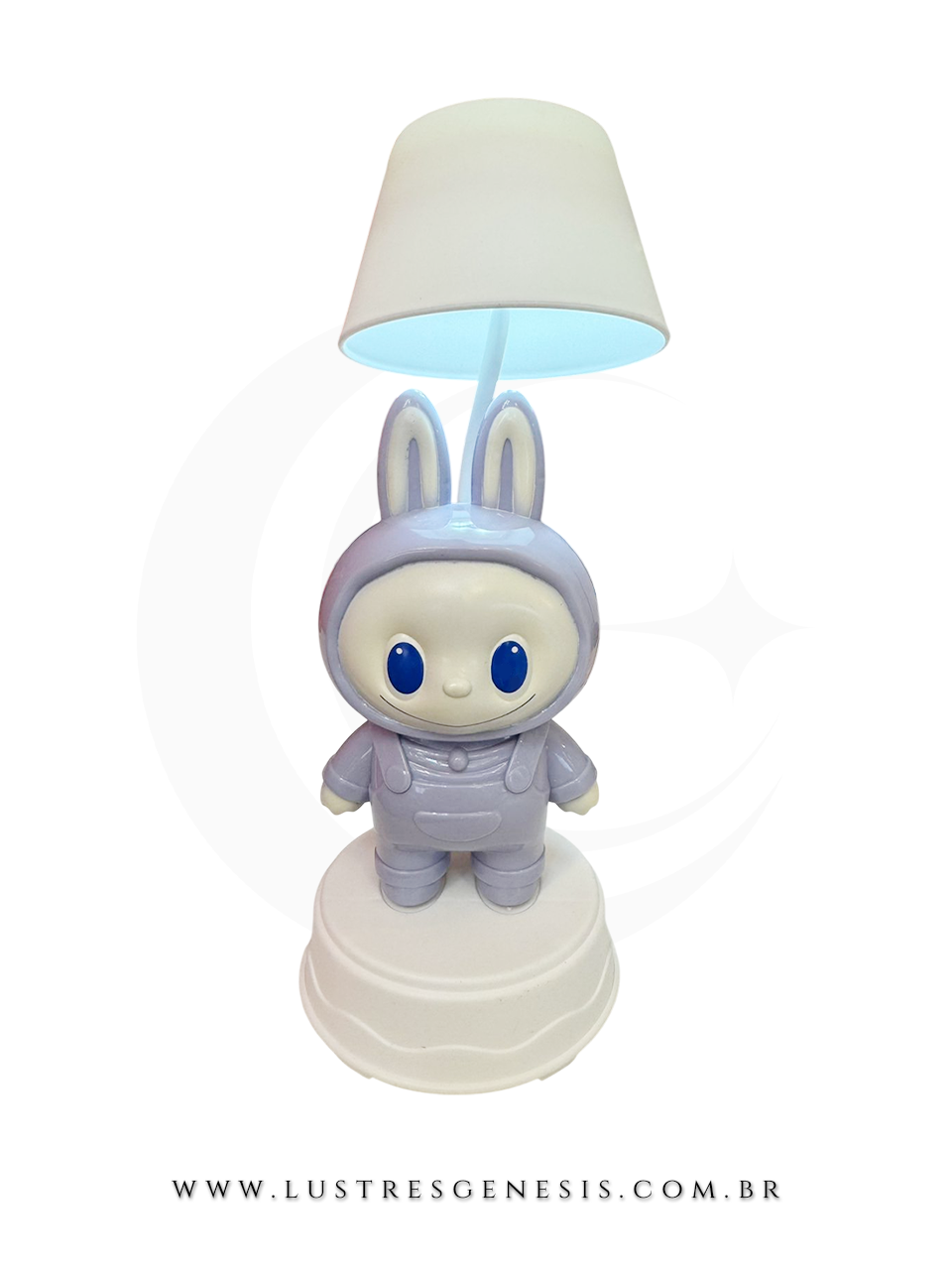 Lumin&aacute;ria abajur infantil Labubu lil&aacute;s em formato de menina com orelhas de coelho, ideal para quarto infantil, mesa de cabeceira ou escrivaninha.